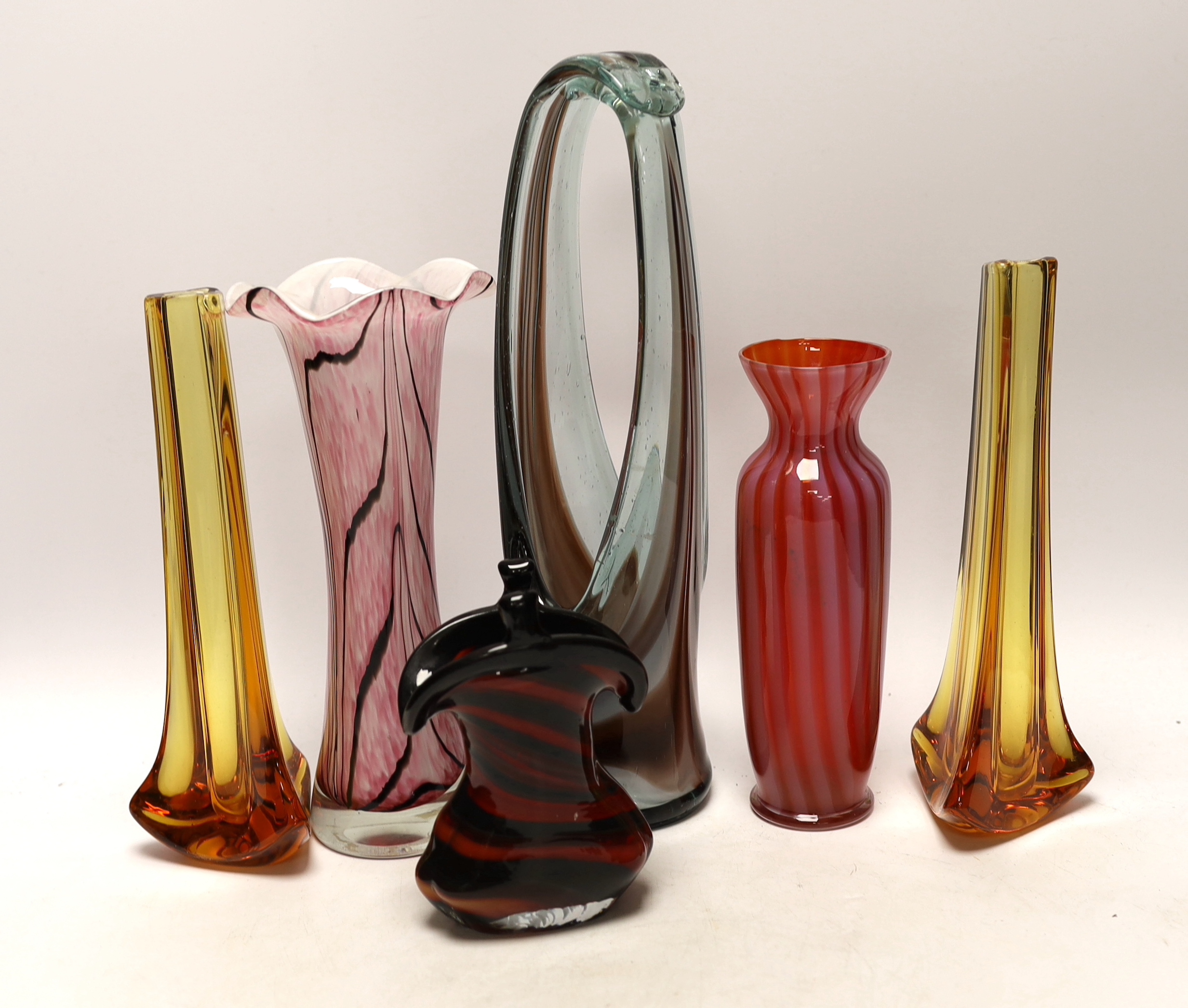 Six pieces of studio art glass, tallest 32cm